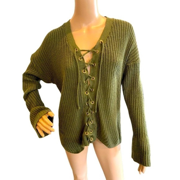Mrs. Maggie Olive Green Lace-Up Front Ribbed Knit Pullover Sweater Size 1X - Picture 1 of 13